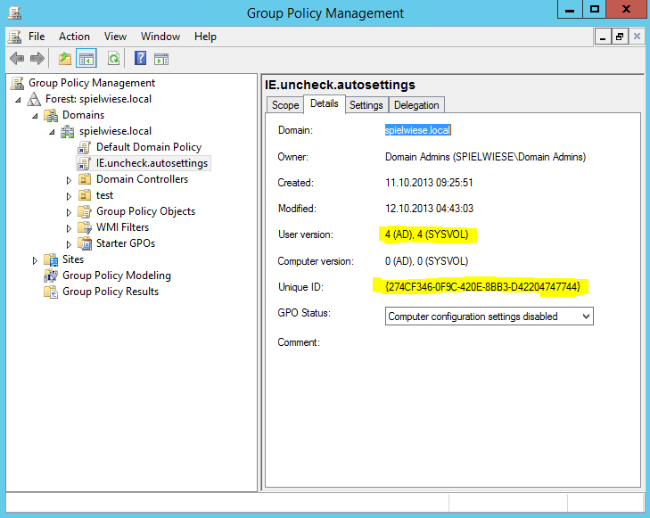 group policy management console user version unique id
