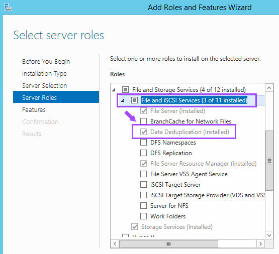 Server Roles File and iSCSI Services Data Deduplication install