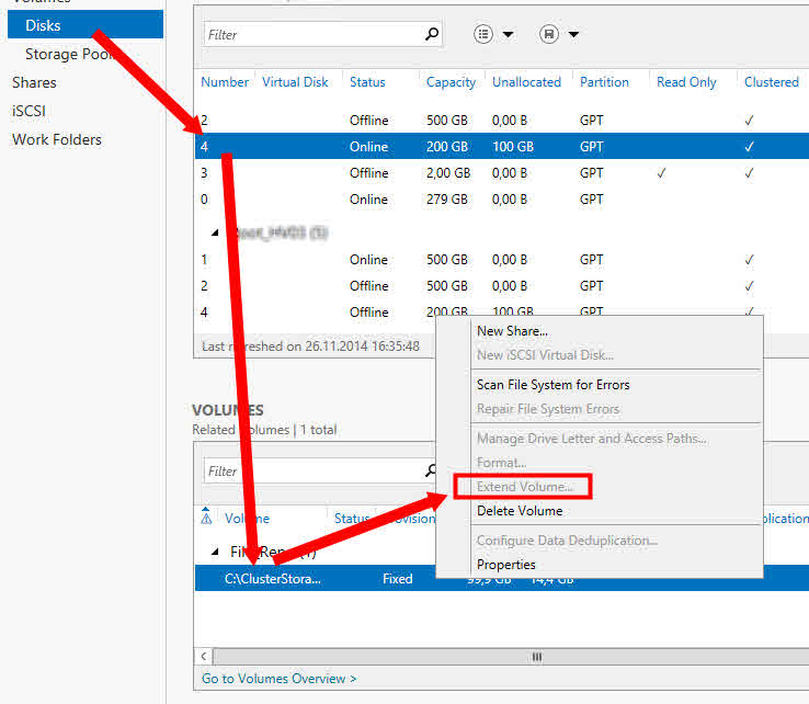 Server Manager Cluster Shared Volume CSV extend erweitern