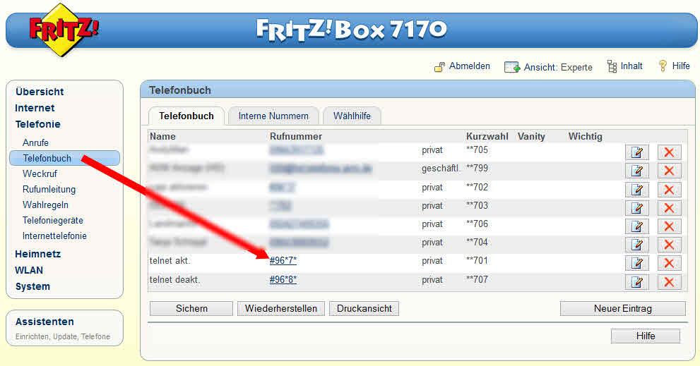 FritzBox 7170 telnet #96*8* #96*7*