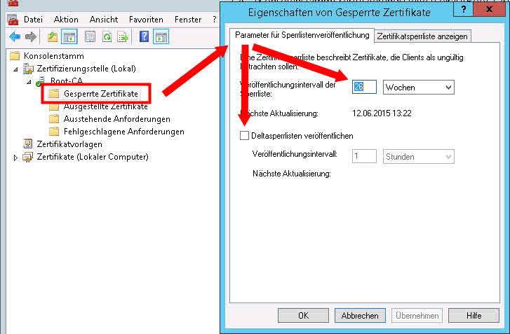 Root-CA Gesperrte Zertifikate Sperrliste Deltasperrliste veröffentlichen parameter sperrlistenveröffentlichung