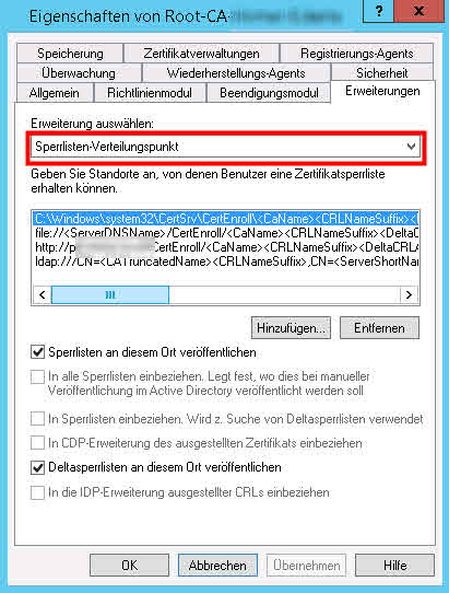 Sperrlisten Verteilungspunkt CDP CRL CA